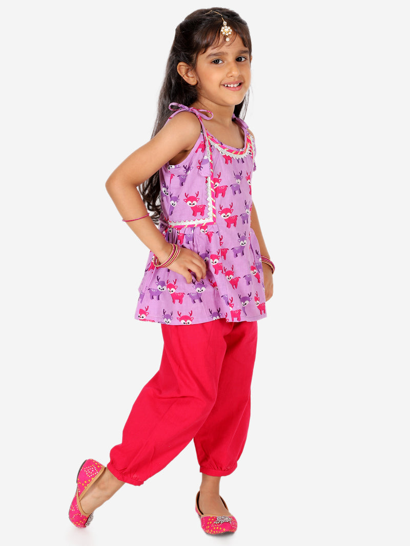 BownBee Printed Cotton Indo Westren Top with Harem Dhoti Suit Set for Girls- Purple