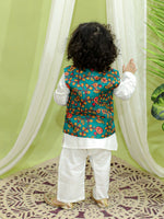 BownBee Kalamkari Print Jacket with Kurta Pajama for Boys- Green