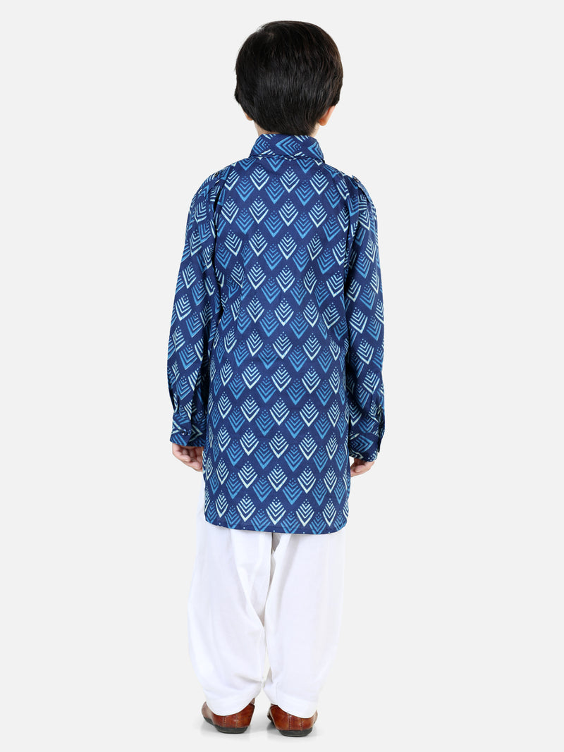BownBee Printed Cotton Full Sleeve Pathani Salwar Set for Boys- Blue