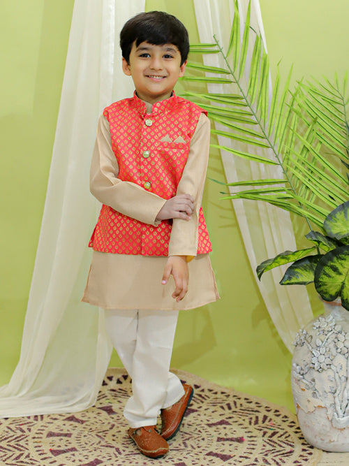 BownBee Boys Ethnic Fetive Wear Jacquard Nehru Jacket with Cotton Kurta Pajama Sets Coral