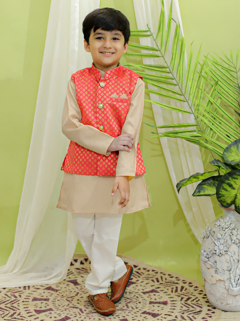 BownBee Boys Ethnic Fetive Wear Jacquard Nehru Jacket with Cotton Kurta Pajama Sets Coral