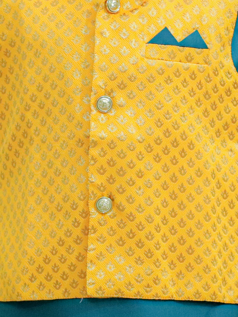 BownBee Boys Festive Wear Jacquard Jacket with Cotton Kurta Pajama Yellow