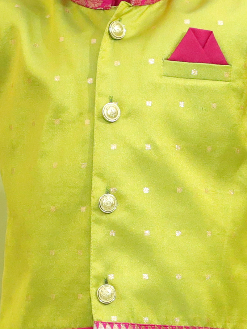 BownBee Ethnic Festive Wear Silk Jacket with Cotton Kurta Pajama for Boys- Green