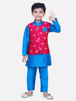 BownBee Boys Ethnic Wear Attached Chiffon printed Jacket Full Sleeve Kurta Pajama- Blue
