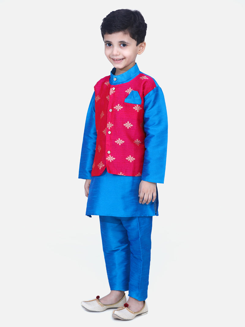 BownBee Boys Ethnic Wear Attached Chiffon printed Jacket Full Sleeve Kurta Pajama- Blue