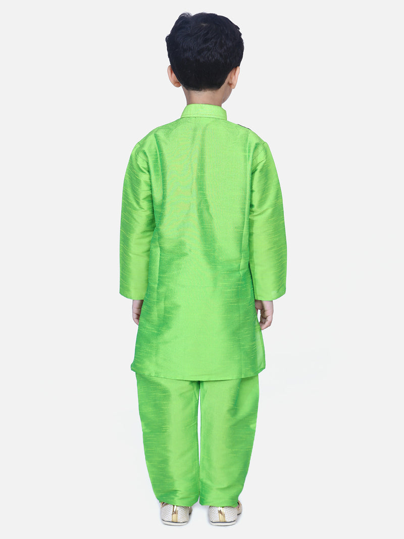 BownBee Boys Ethnic Wear Attached Chiffon printed Jacket Full Sleeve Kurta Pajama- Green