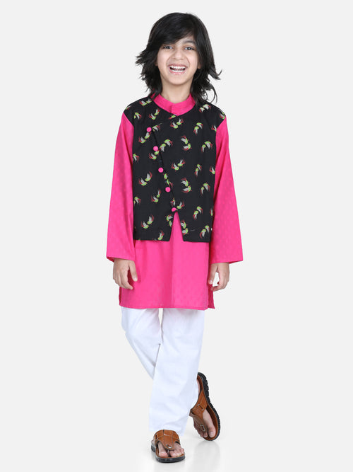BownBee Boys Ethnic Festive Wear Cotton Attached Floral Jacket Kurta Pajama - Black