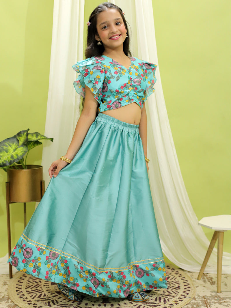 BownBee Girls Ethnic Wear Chanderi Floral Print Choli with Lehenga - Blue