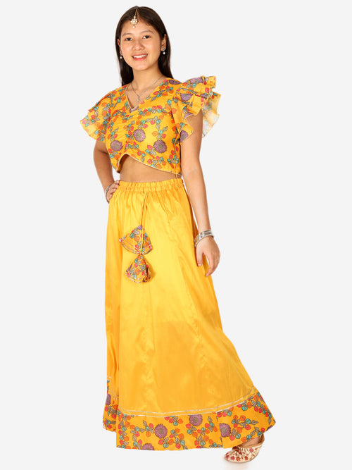 BownBee Chanderi Floral Print Choli with Lehenga for Girls- Yellow