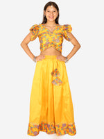 BownBee Chanderi Floral Print Choli with Lehenga for Girls- Yellow