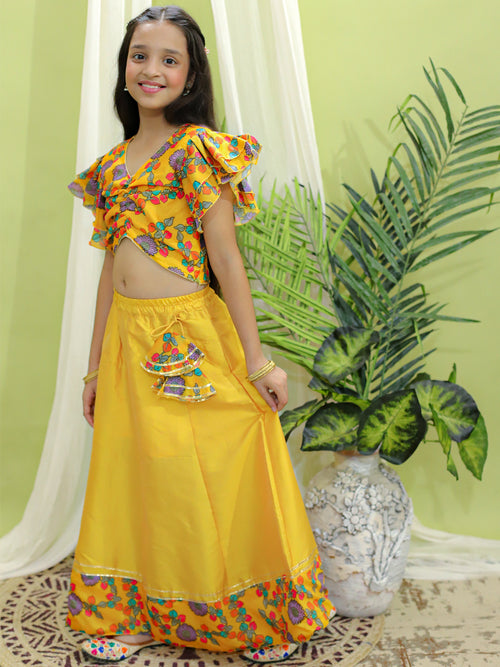 BownBee Girls Ethnic Wear Chanderi Floral Print Choli with Lehenga - Yellow