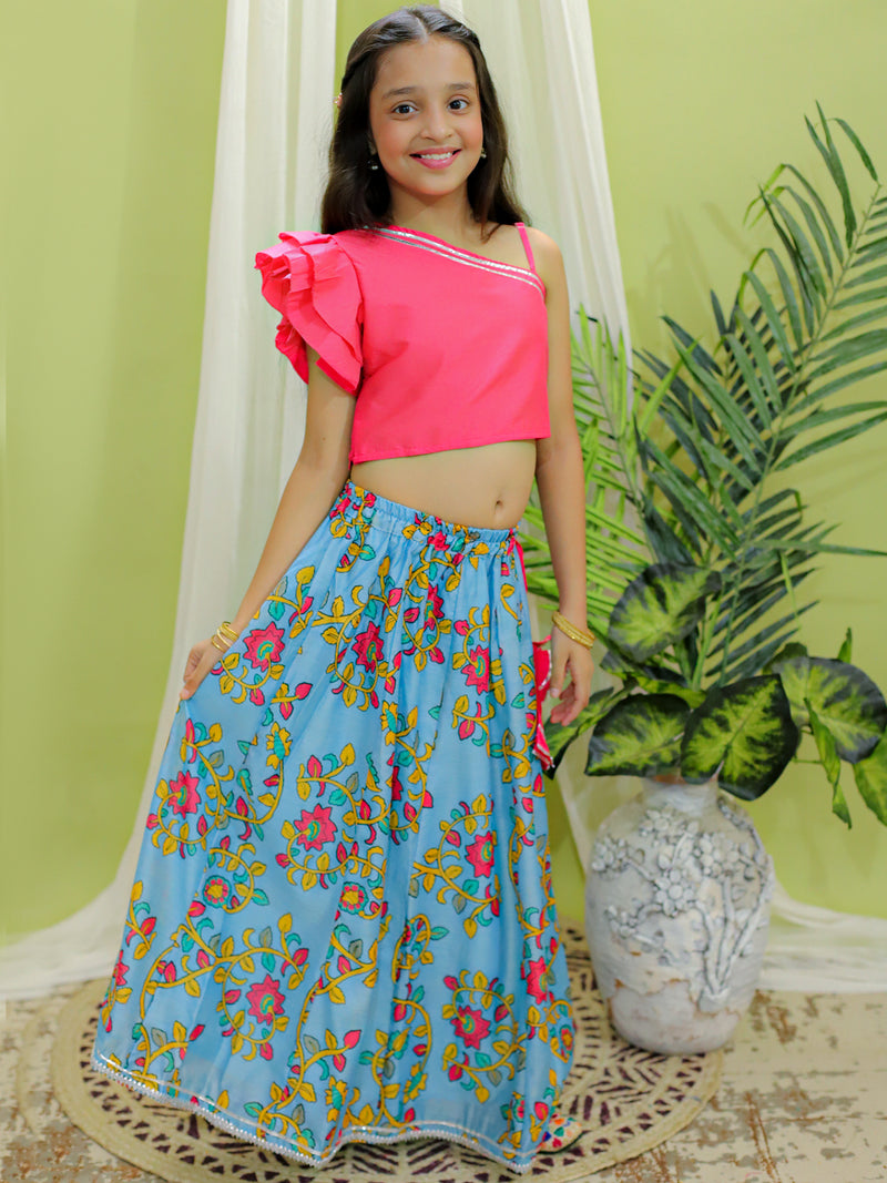 BownBee Chanderi Floral Print Off Shoulder Choli with Lehenga for Girls- Pink