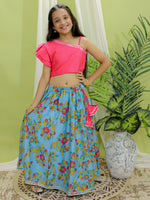 BownBee Chanderi Floral Print Off Shoulder Choli with Lehenga for Girls- Pink