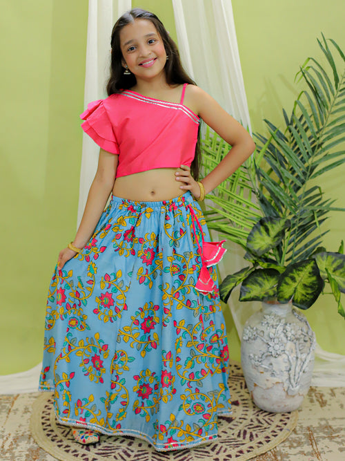 BownBee Girls Ethnic Wear Chanderi Floral Print Choli with Lehenga -Pink