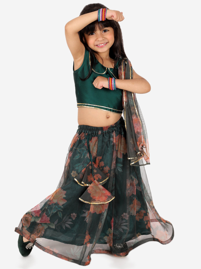 BownBee Ethnic Chanderi Choli and Floral print Net Lehenga with Attached Dupatta for Baby Girls- Green