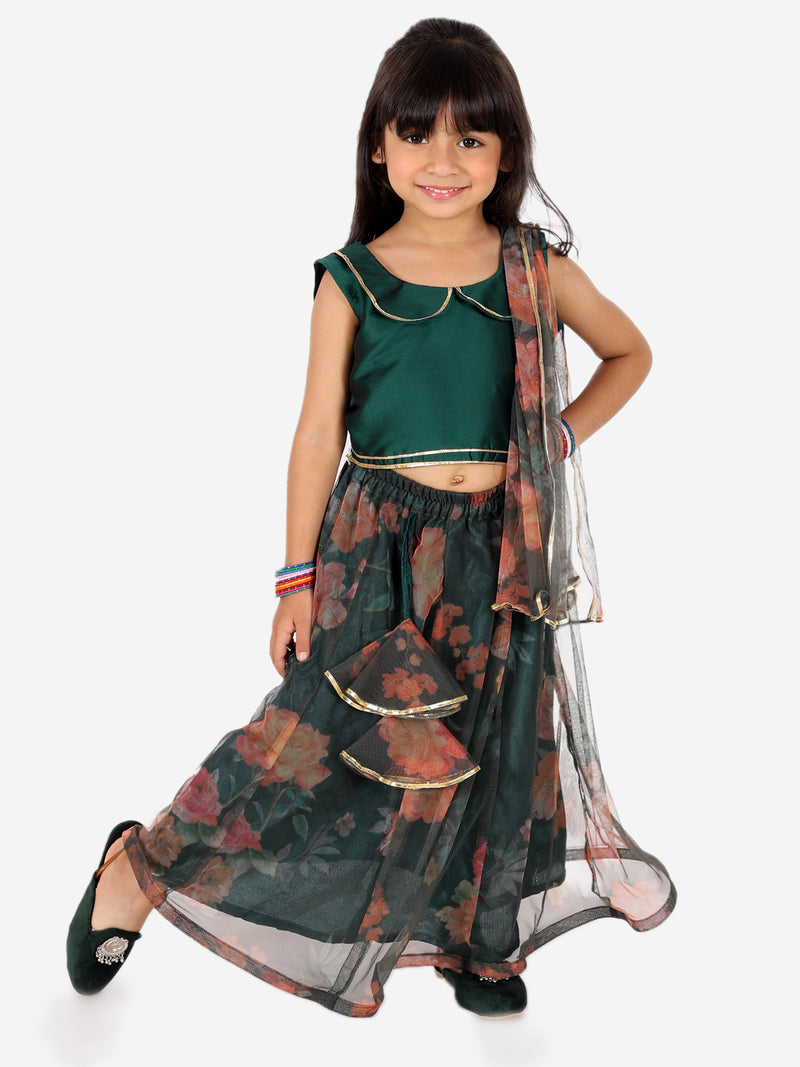 BownBee Ethnic Chanderi Choli and Floral print Net Lehenga with Attached Dupatta for Baby Girls- Green