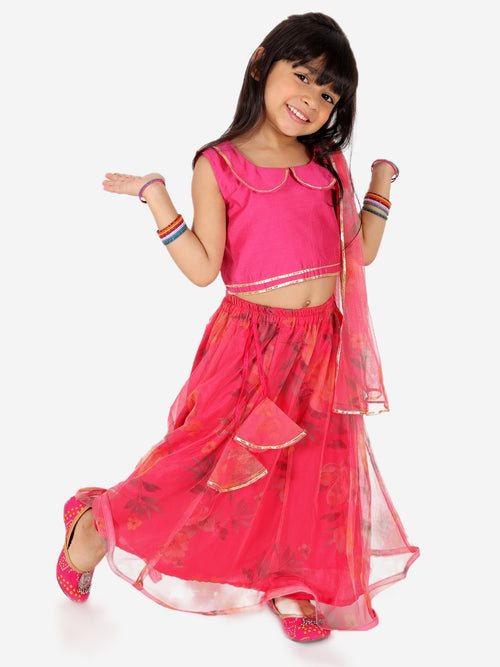 BownBee Ethnic Chanderi Choli and Floral print Net Lehenga with Attached Dupatta for Baby Girls- Pink