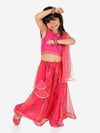 BownBee Ethnic Chanderi Choli and Floral print Net Lehenga with Attached Dupatta for Baby Girls- Pink