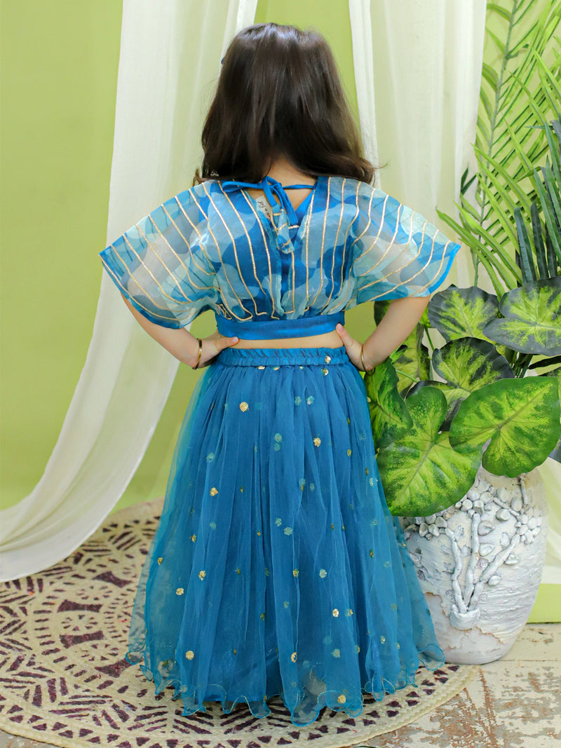 BownBee Ethnic Party Wear Girls Organza Cape Choli with Sequined Net Lehenga Blue