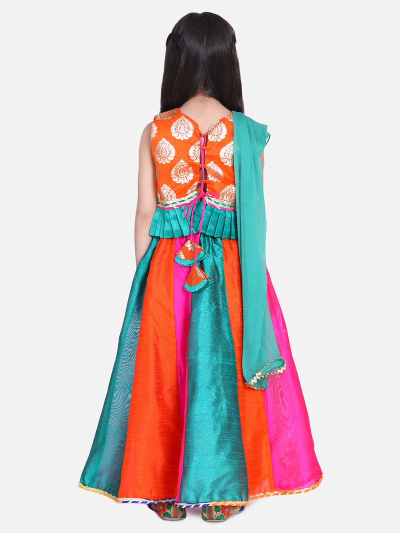 BownBee Girls Ethnic Festive Wear Kali Lehenga With Sleeveless Choli With Dupatta- Orange