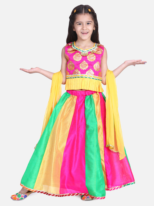 BownBee Girls Ethnic Festive Wear Kali Lehenga With Sleeveless Choli With Dupatta- Pink