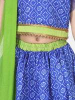 BownBee Girls Ethnic Festive Bandhani printed Net pleated Sleeves Lehenga Choli with Dupatta- Blue