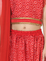 BownBee Girls Ethnic Festive Bandhani printed Net pleated Sleeves Lehenga Choli with Dupatta- Red