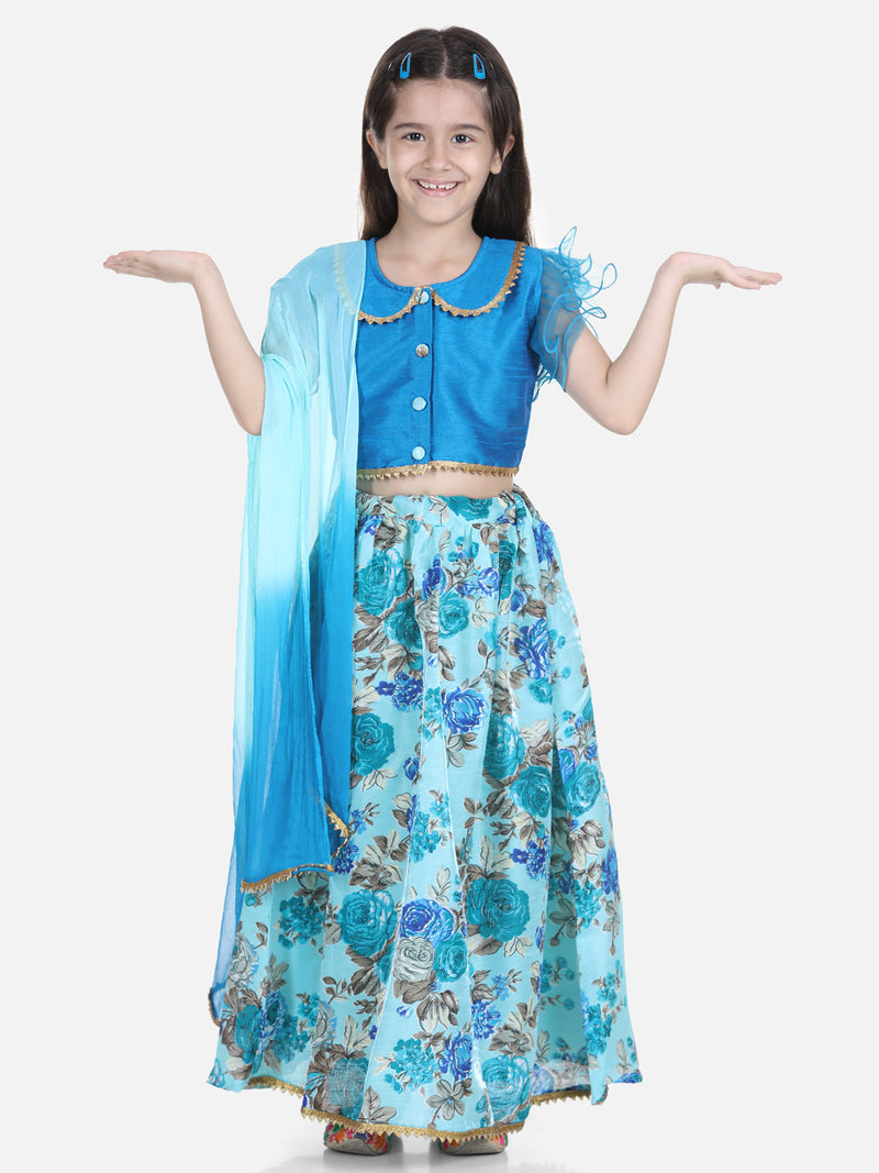 BownBee Girls Ethnic Festive Wear Ruffle Sleeve Floral Lehenga Choli with Dupattta- Blue