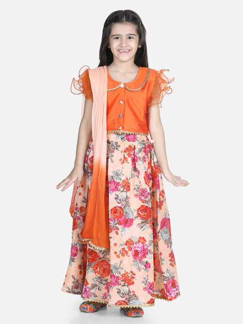 BownBee Girls Ethnic Festive Wear Ruffle Sleeve Floral Lehenga Choli with Dupattta- Orange