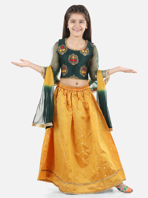 BownBee Girls Ethnic Festive Wear Jacquard Flared Sleeve Top with Silk Lehenga with Dupatta- Green