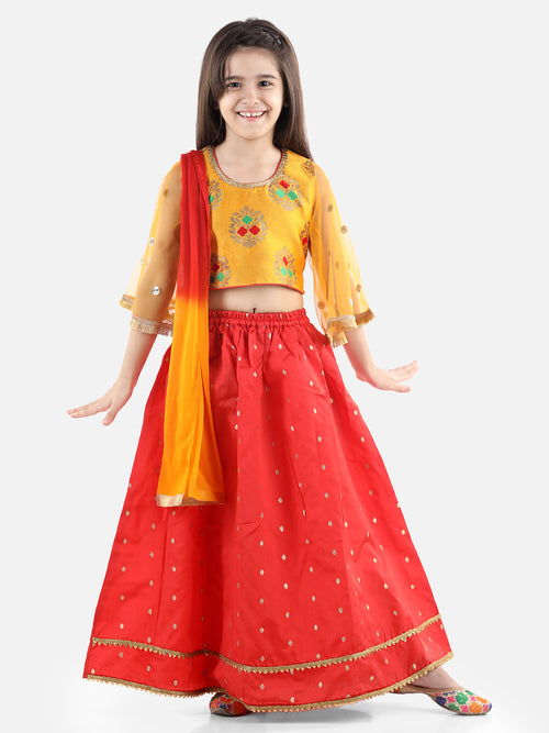 BownBee Girls Ethnic Festive Wear Jacquard Flared Sleeve Top with Silk Lehenga with Dupatta- Yellow