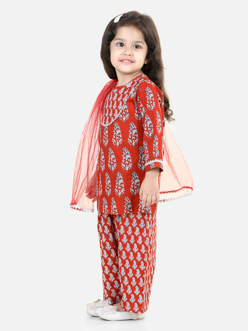 BownBee Pure Cotton Kurti with Pant & Dupatta for Girls- Maroon