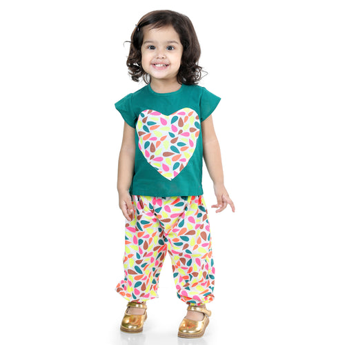 BownBee Girls Heart patch Pure Cotton Patch Top with Harem pant Indo Western Clothing Sets - Blue