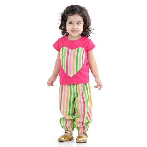BownBee Girls Heart patch Pure Cotton Patch Top with Harem pant Indo Western Clothing Sets - Pink