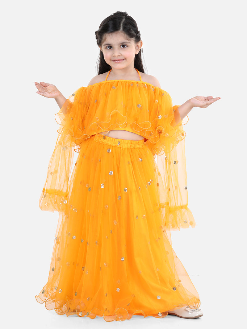 BownBee Ethnic Festive Wear Sequin Net Lehenga with Ruffle Choli with Dupatta- Yellow
