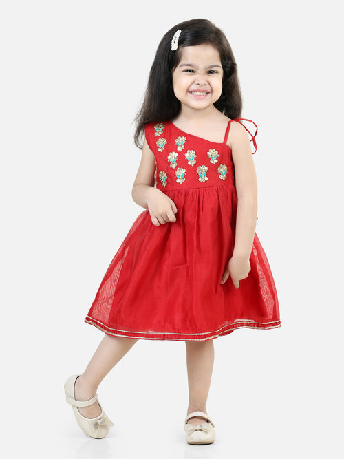 BownBee Gota Patti Embroidery Chanderi Party wear Frock and Dresses - Red