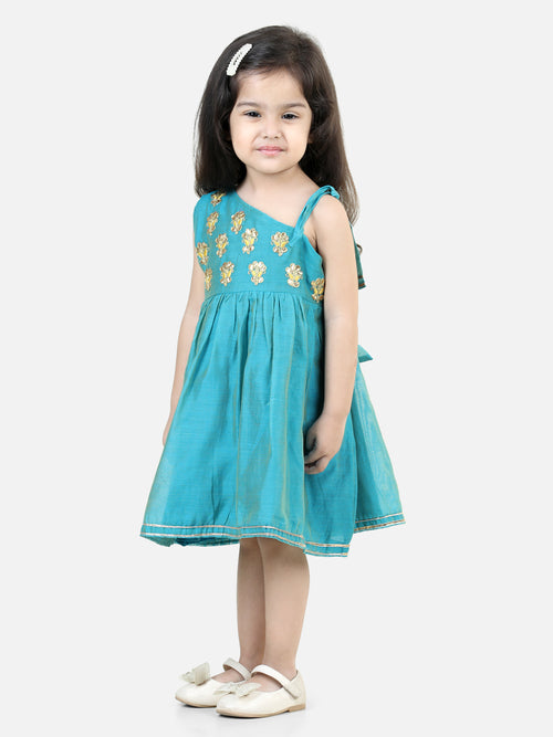 BownBee Gota Patti Embroidery Chanderi Party wear Frock and Dresses - Teal