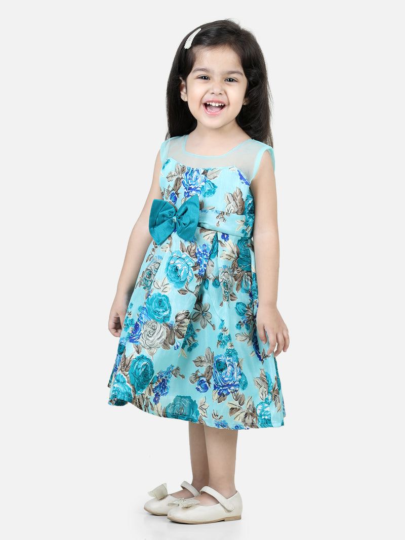 BownBee Round Neck Floral Print Party Frock and Dresses Blue