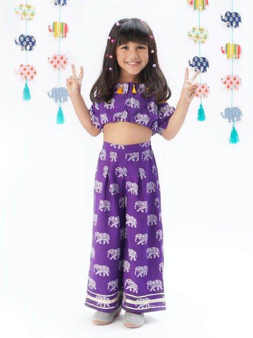 Lil Drama Trunk Tales Girls Purple Crop Top with Pants Co-ordinate set