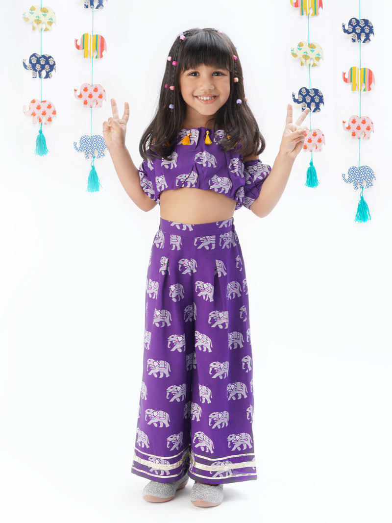 Lil Drama Trunk Tales Girls Purple Crop Top with Pants Co-ordinate set