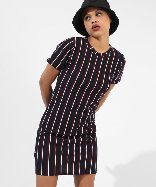 Women's Navy Blue Striped Regular Fit Dress