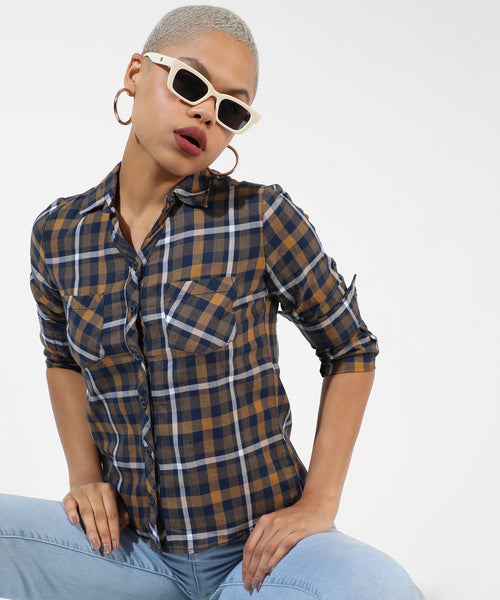 Women's Yellow Checkered Regular Fit Shirt