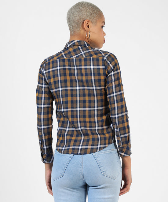 Women's Yellow Checkered Regular Fit Shirt