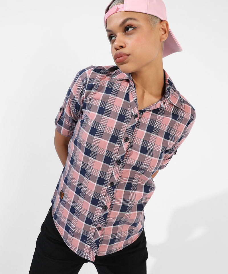 Women's Pink Checkered Regular Fit Shirt