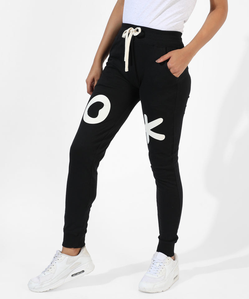 Women's Black Printed Regular Fit Trackpants