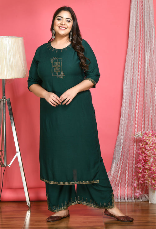 Plus Size Bottle Green Kurta Palazzo Set