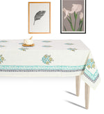 Abeer Hand Block Cotton Dining Table Cover Floral Printed Green Color Textured Design Table Cloths 6 Seater-150 Cm. x 225 Cm.
