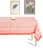 Abeer Hand Block Cotton Dining Table Cover Floral Printed Peach Color Textured Design Table Cloths 6 Seater-150 Cm. x 225 Cm.