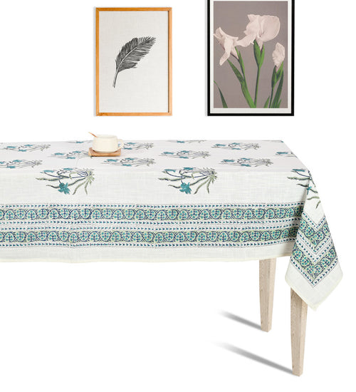 Abeer Hand Block Cotton Dining Table Cover Floral Printed Blue Color Textured Design Table Cloths 8 Seater -150 Cm. x 270 Cm.