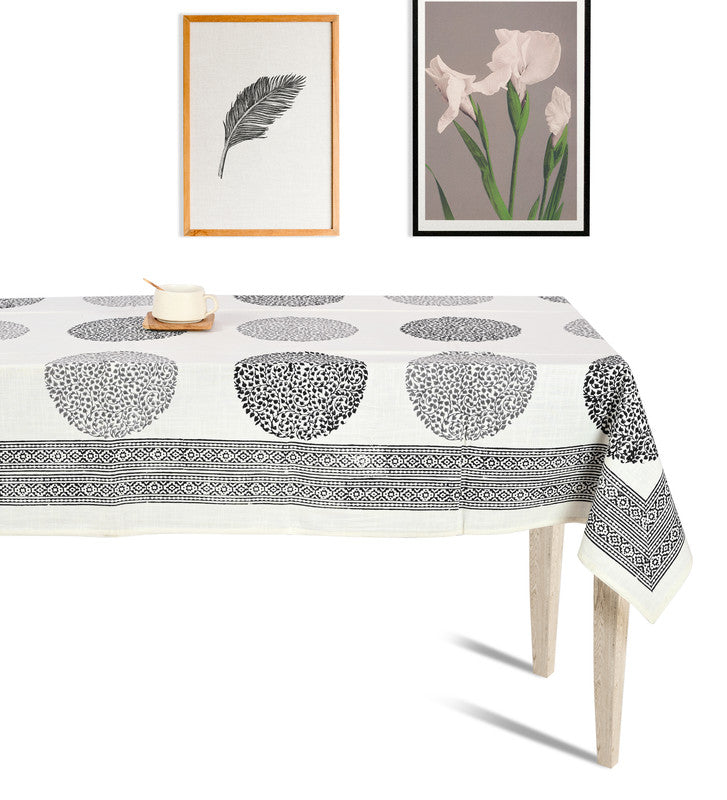 Abeer Hand Block Cotton Dining Table Cover Floral Printed Black & Grey Color Textured Design Table Cloths 6 Seater-150 Cm. x 225 Cm.
